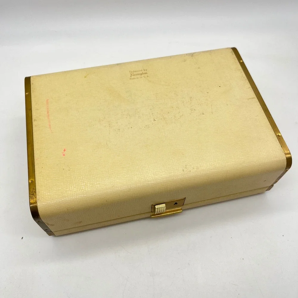 Vintage Farrington Jewelry Box Cream Faux Leather Gold Scrollwork Purple Velvet